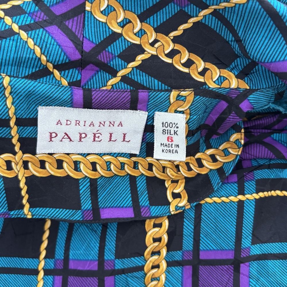 90s Adrianna Papell Silk Shift Dress Womens Blue Purple Plaid Chain Print Bow - Picture 10 of 12